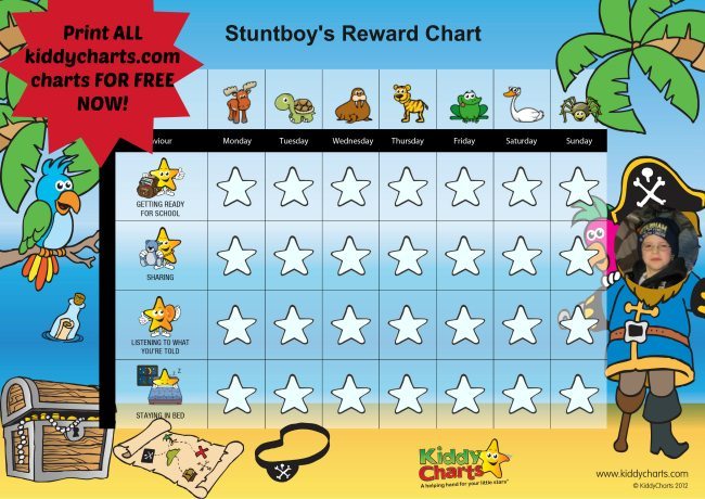 This is a colorful reward chart for kids featuring a pirate theme, with a person in costume, days of the week, behavior goals, and star stickers.