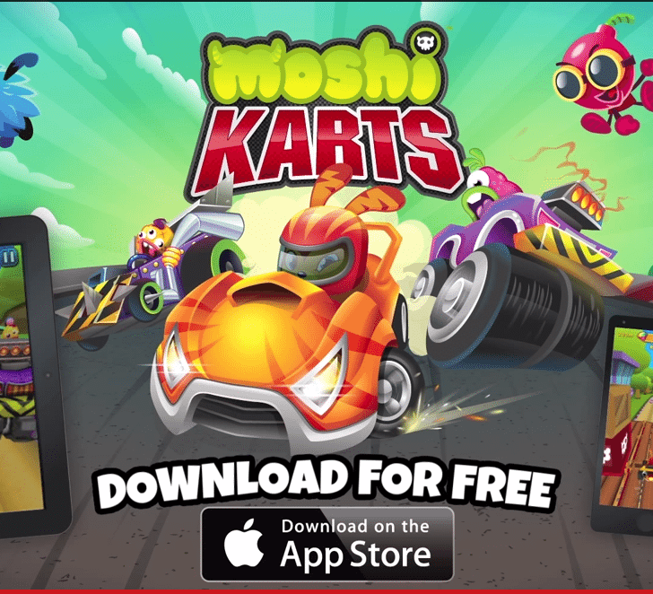 In the image, there is an advertisement for a free download of the Moshi Karts game on the App Store, which is suggested by Moshi Monsters.