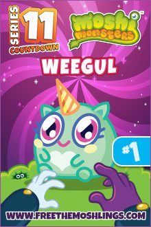 The image shows a colorful cartoon monster named "Weegul" from "Moshi Monsters" Series 11, with a website link at the bottom. Bright stars and sparkles surround it.