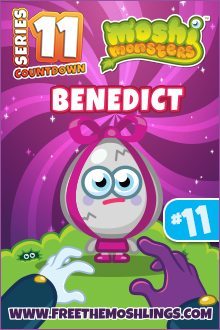 The image displays a collectible card from the "Moshi Monsters" series featuring a cartoon character named Benedict, designated with number 11, against a pink swirl background.