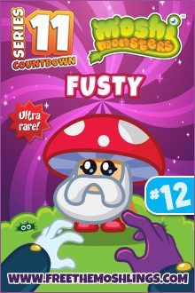 This is an image of a Moshi Monsters card featuring 'Fusty', an ultra-rare character resembling an anthropomorphic mushroom with a white beard, set against a purple backdrop.