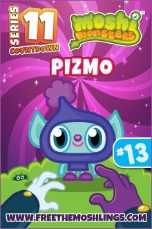 This is an image of an animated character named Pizmo from the Moshi Monsters series, featured in a colorful promotional card with the number 13.