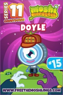 The image features a colorful character named Doyle from Moshi Monsters, with a large eye and hat, set against a starry, purple background and the number 15.