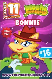 The image is a colorful card displaying an animated character named "Bonnie" from the "Moshi Monsters" series, labeled as "Ultra rare" and numbered 16.