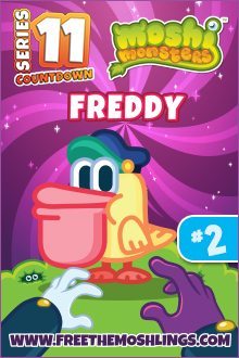 This is an illustration of a colorful creature named "Freddy" from Moshi Monsters, featuring vibrant background hues and text for the "Series 11 Countdown."