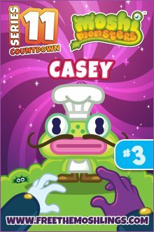 The image shows a colorful card for "Moshi Monsters" featuring a green cartoon character named Casey, dressed as a chef, with a swirling purple background.