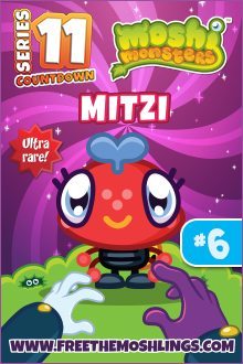 This is an image of a Moshi Monsters character named Mitzi from series 11, labeled as "Ultra Rare", with colorful graphics and the number 6.