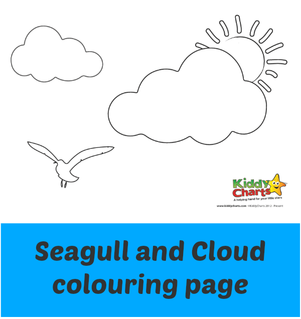A child is coloring a seagull and cloud coloring page provided by Kiddy Charts.