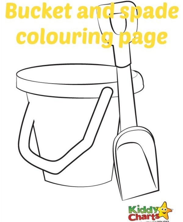 A cartoon bucket and spade are brightly coloured on a sketching page, providing an engaging illustration for children.