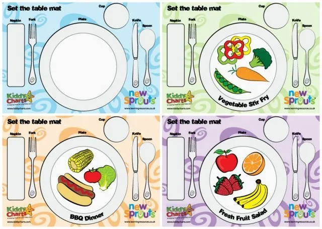 Four fantastic designs for table mats to help teach kids how to set the table - perfect for imaginative play, and even to help kids to grow their vocabulatary. And the best thing ab out them - they are free!