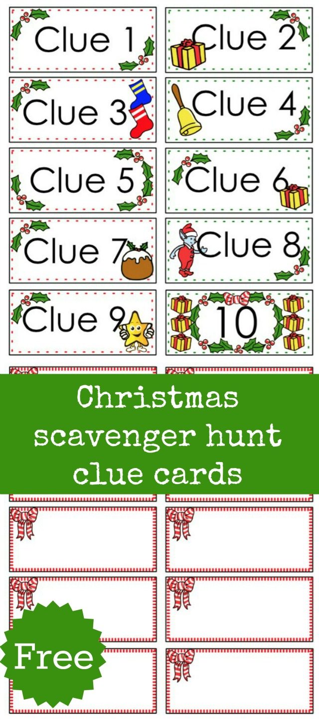 Free Christmas Scavenger hunt clue cards for those Christmas Scavenger hunts with the kids. 10 cards with clue numbers on the front and space to write clues on the back.