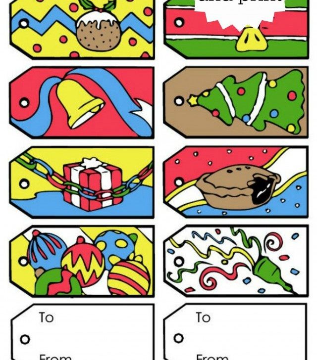 Christmas gift tags for kids to colour, or to print out for free for your Christmas presents