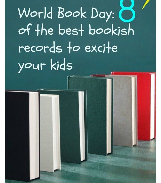 This image is promoting World Book Day by providing a list of 8 of the best bookish records to excite kids from the website Kiddy Charts.