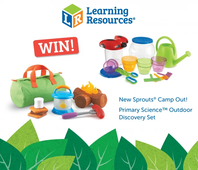 A child is happily playing with a toy and an origami creation while exploring the outdoors with the LIR Learning Resources® WIN! New Sprouts® Camp Out! Primary Science™ Outdoor Discovery Set.