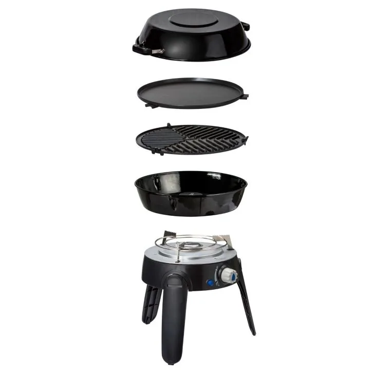 This image shows an exploded view of a cooking appliance, consisting of a lid, flat and ridged plates, a bowl, and a base with controls.