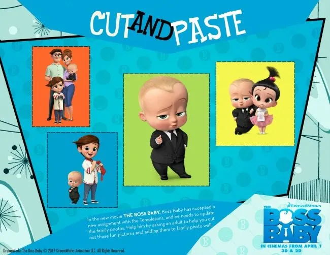 Boss Baby colouring pages and activity sheets cut and paste