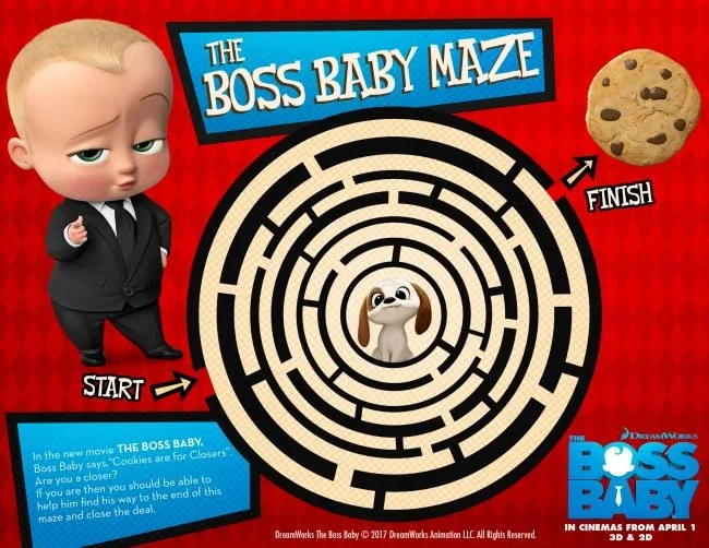 Boss Baby colouring pages and activity sheets maze