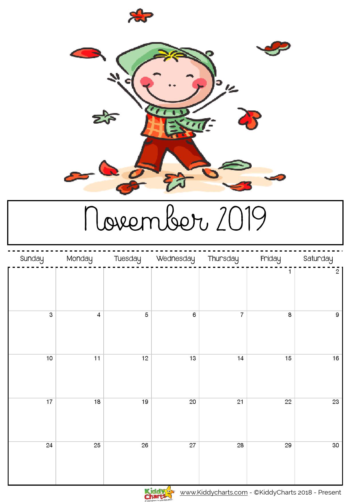 November 2019 printable calendar; boy kicking and playing with leaves - now that looks fun doesn't it?!? #printable #kidsprintables #2019calendar