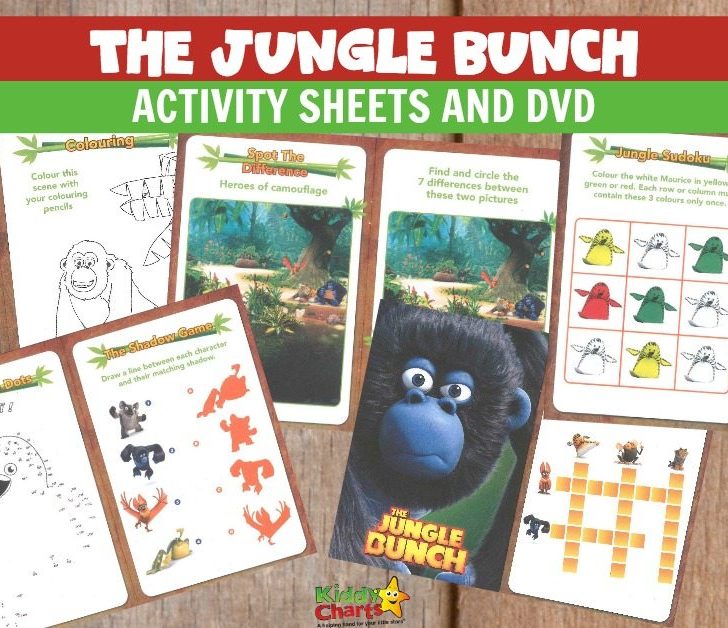 The image is showing a variety of activities related to the Jungle Bunch characters, including coloring, Sudoku, spot the difference, and connecting the pairs.