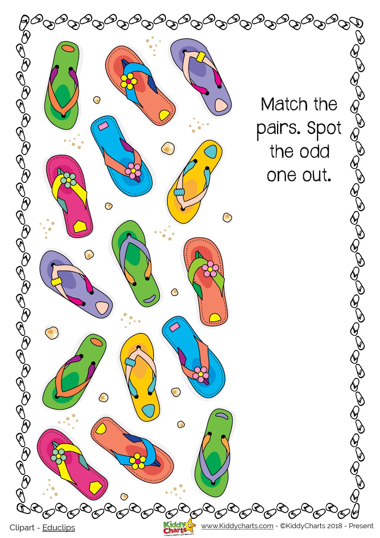 We love a flip flop - but can you find the odd one out in our summer activity - loads more on the site too! #summer #kids #activities #prtinables