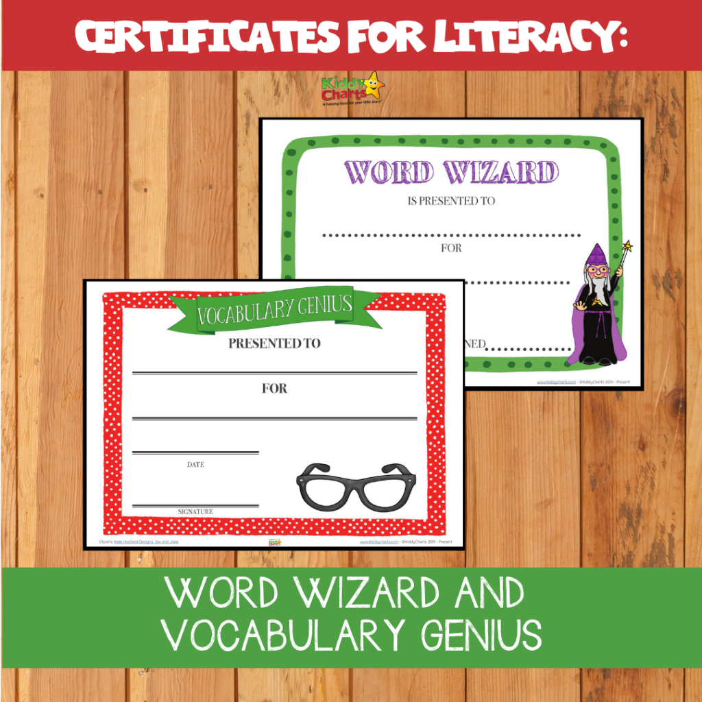 Certificates for literacy. Word wizard, and vocabulary genius for kids and parents