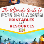 This image is providing a guide to free Halloween printables and resources from the website Kiddy Charts.