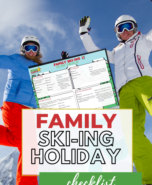 A family is preparing for a ski-ing holiday by checking off items on a checklist.