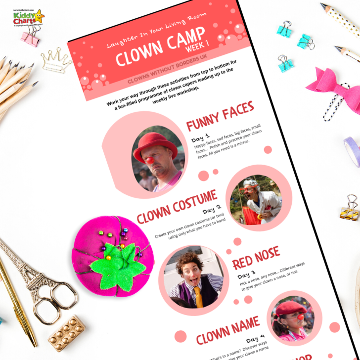 This image is promoting a clown camp which consists of activities such as creating clown faces, costumes, and names to help children learn how to clown.