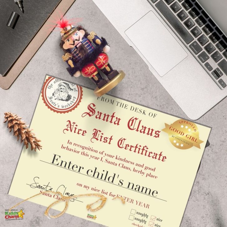 In this image, Santa Claus is awarding a Nice List Certificate to a child in recognition of their kindness and good behavior.