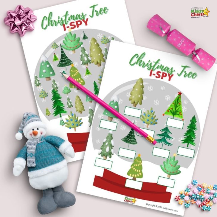 In this image, a Christmas tree is being used to play a game of I-SPY, with copyright from Kiddy Charts in 2020.