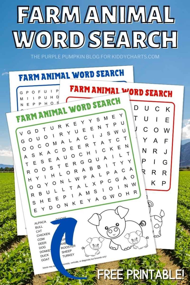 Farm Animals Wordsearch - Kids Quiz Games - kiddycharts.com