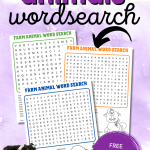 This image is a word search game featuring farm animals for children to complete.