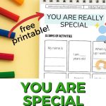 This image is promoting a website offering free printable activities for children, as well as a special printable that says "You Are Special".
