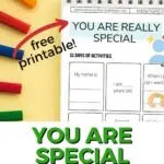 This image is promoting a website offering free printable activities for children, as well as a special printable that says "You Are Special".