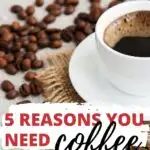 A coffee cup filled with a variety of coffee beans, beverages, food, and text reading "5 Reasons You Need Coffee Now That You're a Parent!" on a serveware.