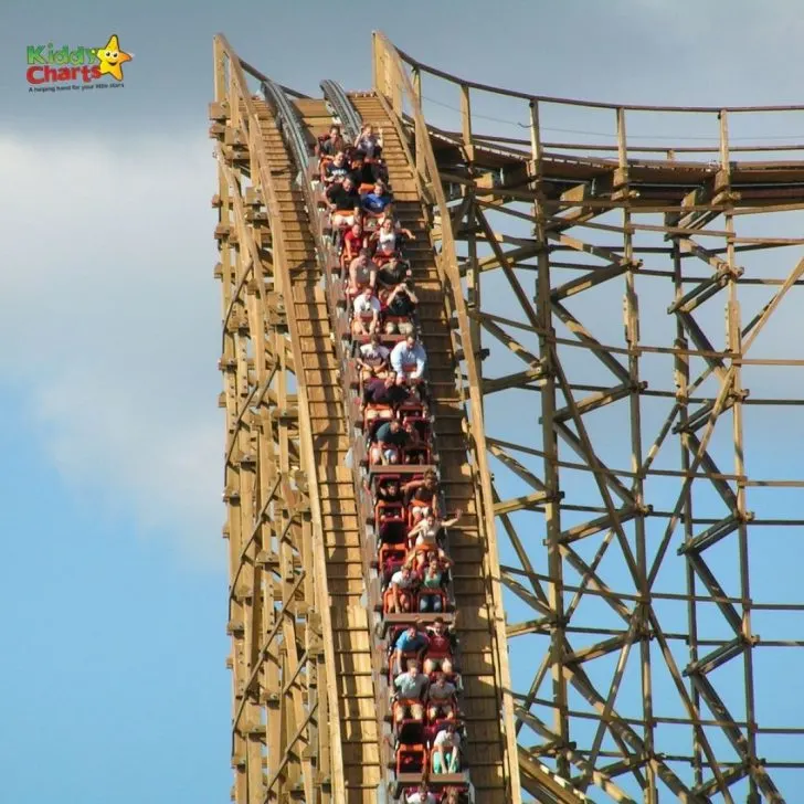 A roller coaster ride whizzes through the sky of an outdoor amusement park, providing a thrilling tourist attraction for fair-goers at the theme park.