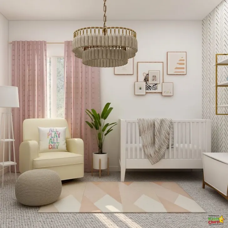 A cozy bedroom with a variety of furniture, window treatments, and design elements, including a bed, sofa bed, couch, loveseat, nightstand, lampshade, vase, throw pillows, curtains, wallpaper, and linens, creates a warm and inviting atmosphere.