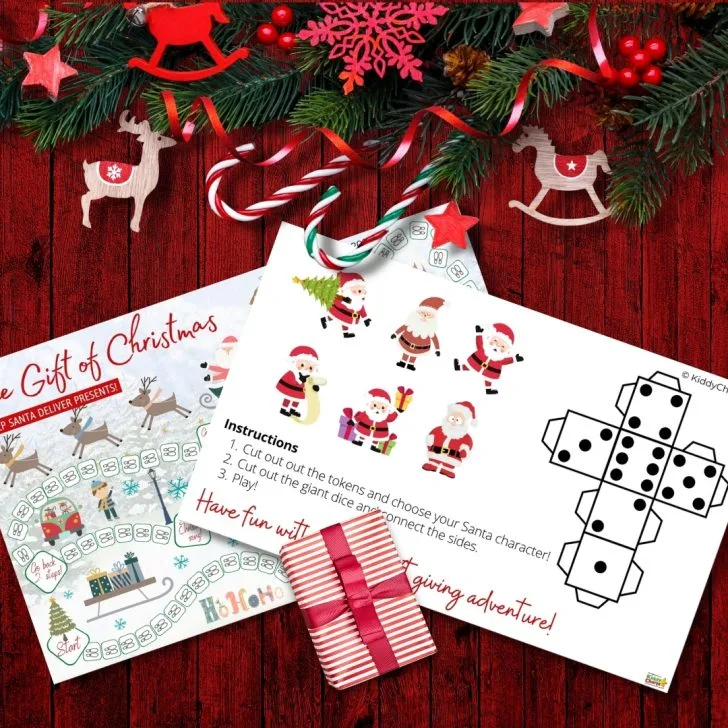 In this image, children are invited to join a Christmas-themed game involving cutting out tokens, a giant dice, and a Santa character.