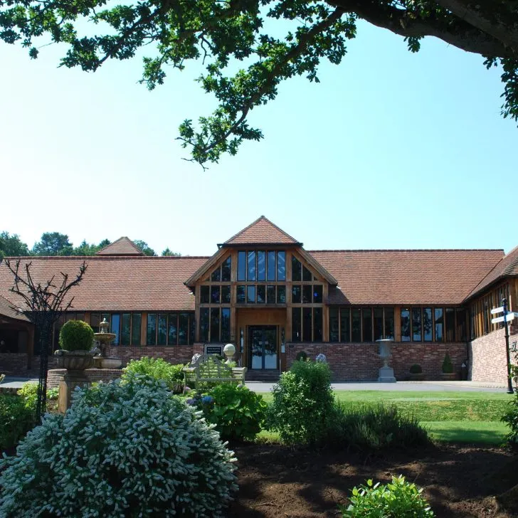 A lush outdoor landscape of a house with a tree, garden, roof, and windows surrounded by grass and landscaping on the property.