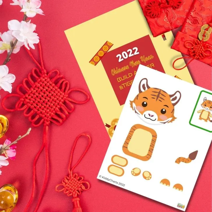 A child is creating a handmade greeting card with cartoon flowers and creative arts for the 2022 Chinese New Year.
