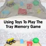 In this image, children are playing a memory game with toys on a tray.