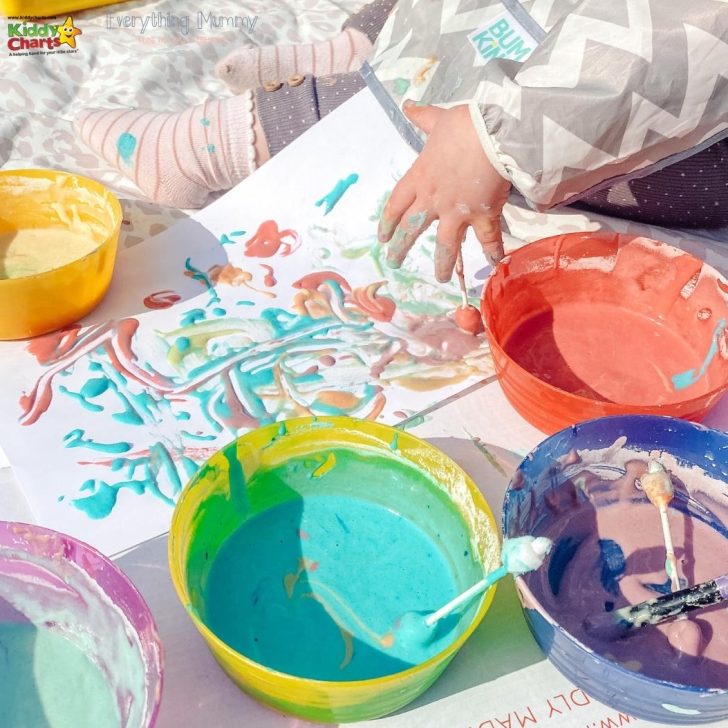 A person is helping a child create art with bowl and tableware on the Kiddy Everything Mummy Charts BUM.