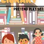 Children are pretending to be scientists and researchers by playing with a library pretend play set featuring books about biology, chemistry, math, algebra, and science encyclopedias.