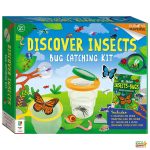 This image is promoting a bug-catching kit that includes a collapsible bug holder, magnifying glass, bug catcher net, tweezers, and a 48-page educational sticker activity book.
