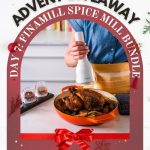 An advertisement featuring a person holding a spice mill over a roasted chicken, framed by a festive, red "Advent Giveaway" arch and holiday decorations.