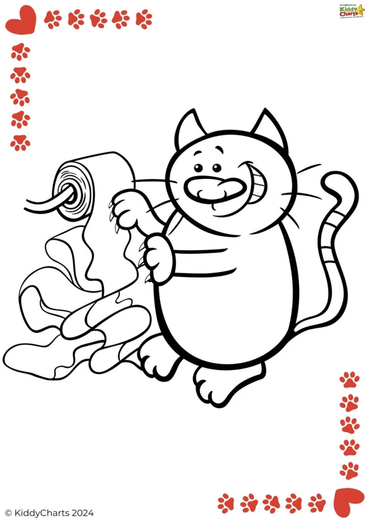 A black and white coloring page featuring a cartoon cat with a big smile, unwinding toilet paper, with heart and paw print borders.