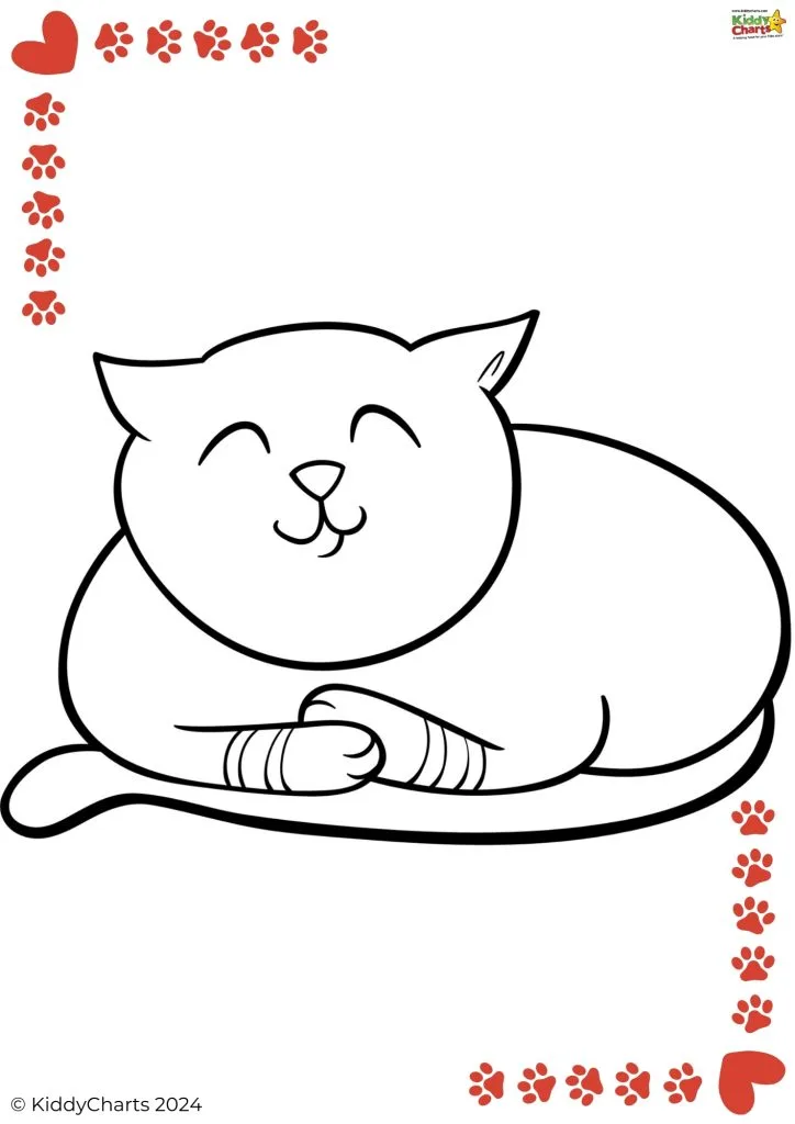 A simple black and white coloring page featuring a content, smiling cat with closed eyes surrounded by a border of heart and paw print motifs.