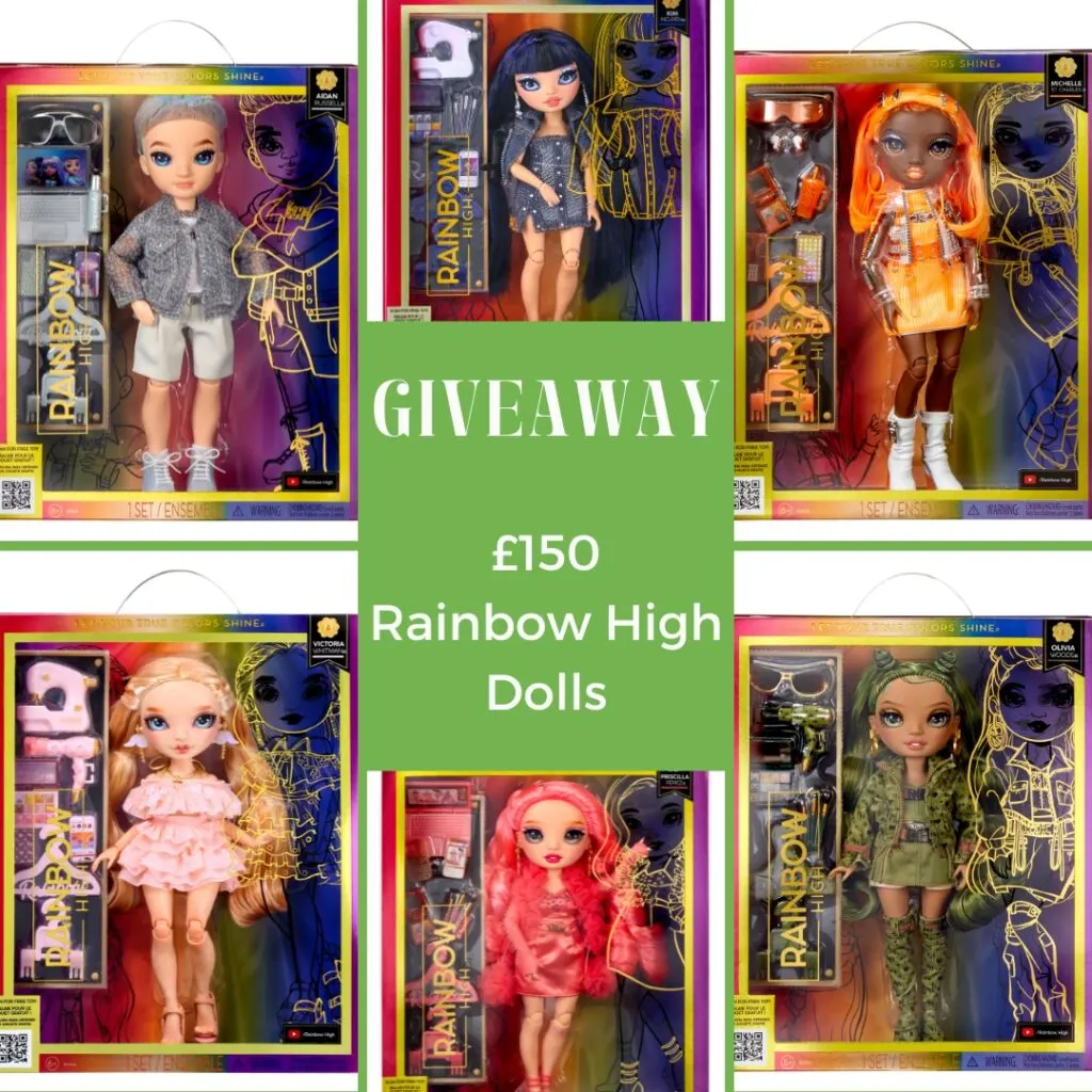 The image features a £150 giveaway ad for Rainbow High dolls, showcasing six colorful dolls in individual packaging with various outfits and accessories.