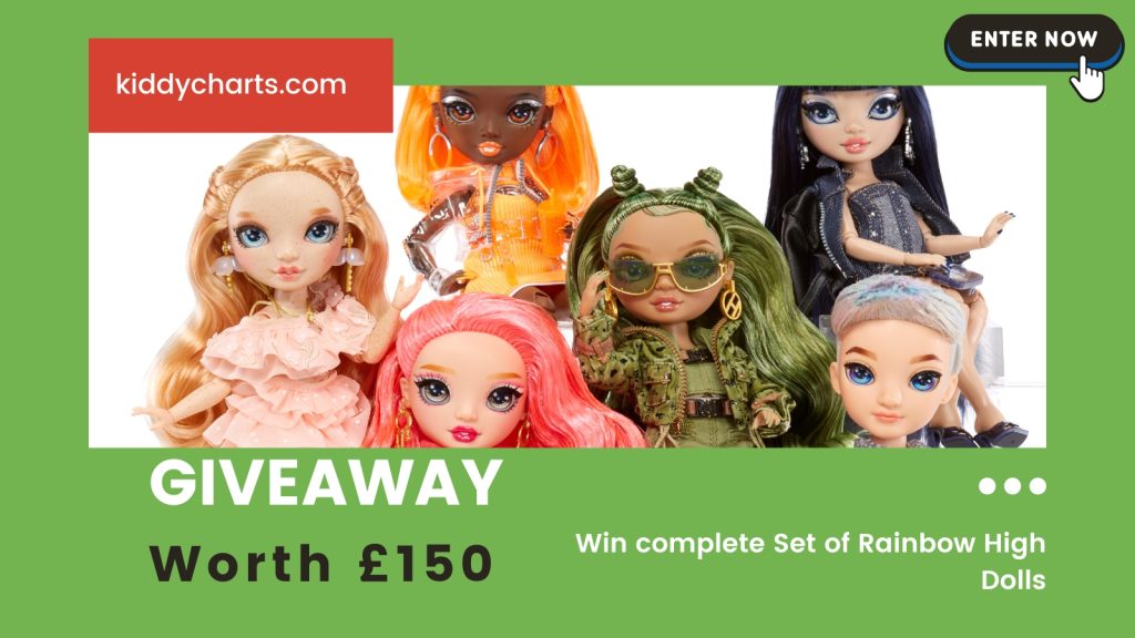 The image is an advertisement for a giveaway of a complete set of Rainbow High Dolls worth £150, featuring diverse, fashionable dolls, with the "Enter Now" button.