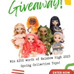 The image is an advertisement for a giveaway featuring five fashion dolls from the Rainbow High 2023 Spring Collection, urging viewers to enter to win.